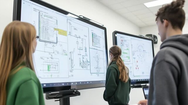 Engineering students analyzing technical drawings on interactive whiteboard
