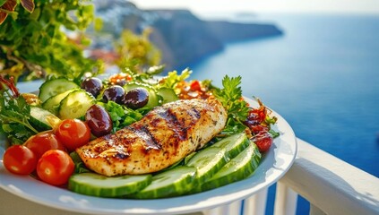 Grilled chicken salad with fresh vegetables against a seascape backdrop