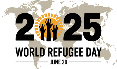 Golden 2025 refugee day layout with child figure under rising sun over global continents background  