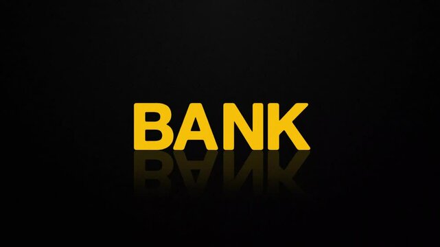 animated jumping or bouncing ball BANK text word lettering typography glow neon reveal, Bright letters jump in the inscription finance theme video,motion seamless loop yellow type on black background