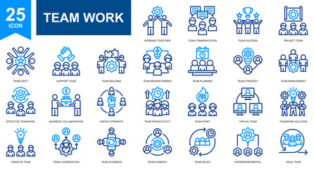 Team Work and Team Management icon set collection. Simple line color vector