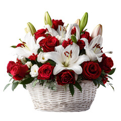 Elegant arrangement of red roses and white lilies in a white wicker basket