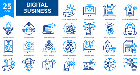 Digital Business and Online Business icon set collection. Simple line color vector