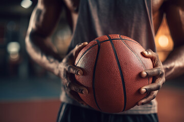 A man is holding a basketball in his hands. The ball is red and has a black stripe. The man is wearing a black shirt and black shorts. Concept of athleticism and physical activity