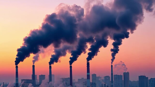 Industrial pipes release dark smoke into the morning sky above a city skyline, View of industrial pipes emitting dark smoke into polluted sky, environment polluted concept