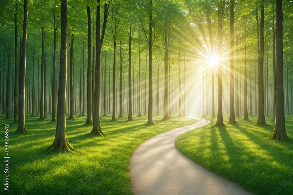 Poster serene forest landscape with sunbeams filtering through trees and a winding path under a lush green 