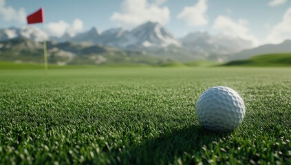 Golf ball resting on green grass with red flag and mountain backdrop