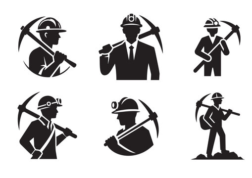 A man is holding a pickaxe and wearing a hard hat Silhouette Vector Set