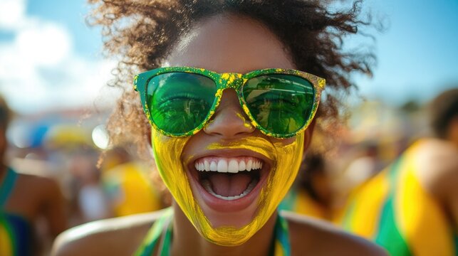 Joyful fan with green and yellow face paint celebrates, embodying sports spirit and pride. 
