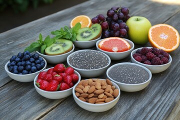 Assorted fresh fruits, berries, nuts, and seeds arranged in small bowls on a wooden table