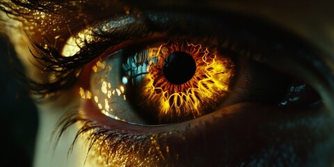 Intense close-up of an eye with a glowing, fiery iris design