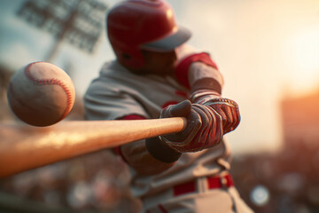 A baseball player swings a bat at a ball. The batter is wearing a red helmet and a red jersey