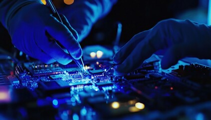 Close-up of engineer repairing computer hardware, illuminated by blue light with electronic equipment and circuit board