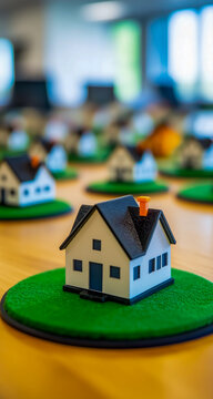 One image shows small model homes set on green coasters, neatly arranged within a modern open plan office environment,