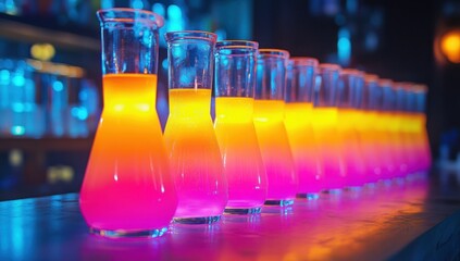 Neon gradient liquid in laboratory glassware lined up in a row experiment