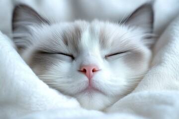 Peaceful white and gray cat sleeping soundly on soft blanket with eyes closed in a serene atmosphere
