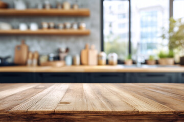 A kitchen with a wooden countertop and a window. The kitchen is well-stocked with various items such as cups, bowls, and spoons