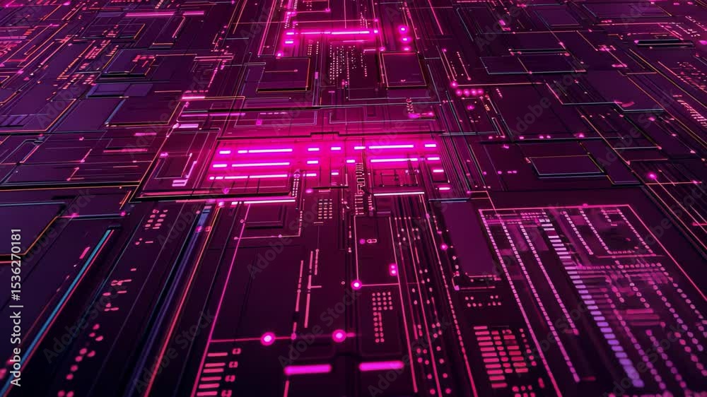 Poster Vibrant cyberpunk digital landscape featuring pink binary code and futuristic circuitry details, Digital binary code Cyberpunk and hacking themed abstraction Seamless 3D render