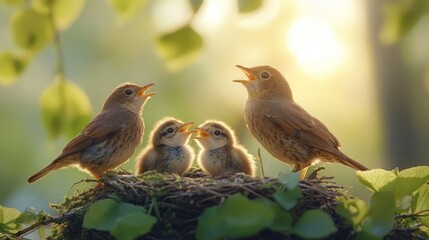 Obraz premium Birds in nest, dawn sunlight, chirping