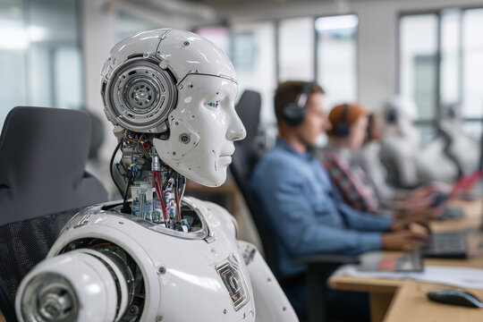 A robot is sitting in front of a group of people. The robot is white and has a human-like face. The people are sitting in chairs and using laptops. Scene is serious and focused
