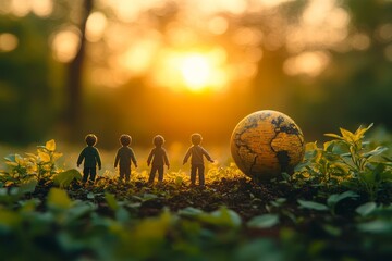 Miniature people stand united beside a globe at sunrise, symbolizing unity, nature, and global togetherness in a peaceful environment, Global Family Day