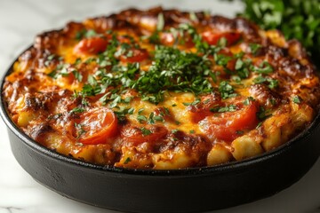 Classic baked Greek moussaka in a black pan topped with melted cheese, tomato slices and chopped parsley for hearty presentation
