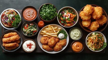  A delectable spread of various dishes including fried foods, French fries, and various salads with dipping sauces. 