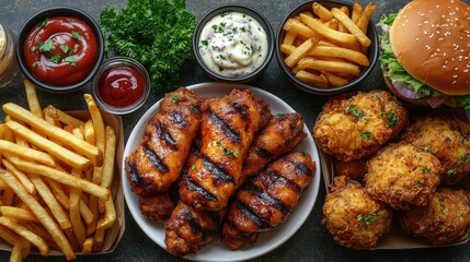 A delightful assortment of golden-brown fried, grilled, and sauced dishes in an enticing composition