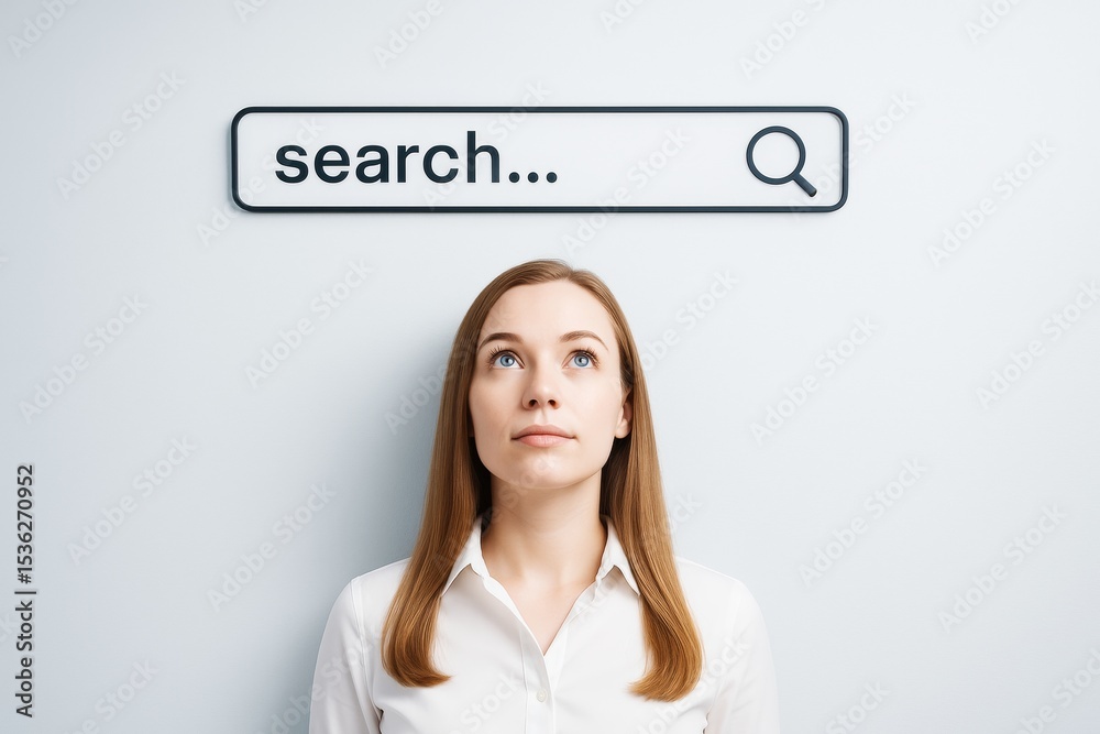 Poster woman looking up at search bar icon over head on light background, concept of online search and inte