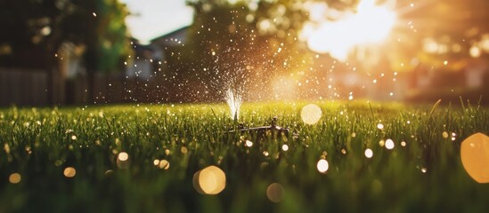 Golden Hour Lawn Irrigation, A Symphony of Light and Water Sprinkling