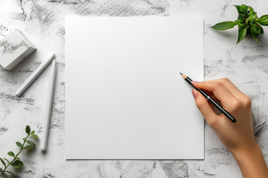 A minimalist workspace with white paper, pencil in hand, plants and marble elements for modern artistic or office mockup use - Powered by Adobe
