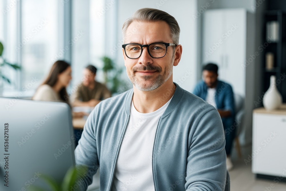 Poster confident mature man in glasses smiling at camera in modern office with creative team working in blu
