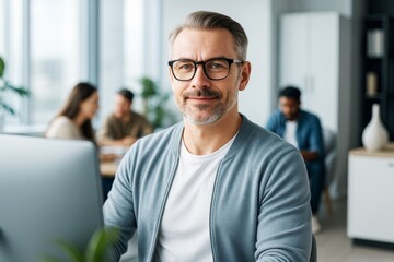 Obraz premium Confident mature man in glasses smiling at camera in modern office with creative team working in blurred background, natural light setting.
