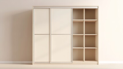 Minimalist beige wardrobe with sliding doors and open shelving, set against a matching neutral wall.
