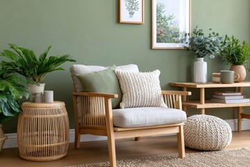 Minimalist green living room interior with a rattan armchair, a wooden side table, and art frames on the wall.