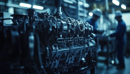 Engine Production Line, Close-up of Engine Block in Automotive Factory