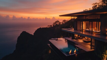 Spectacular cliffside villa with infinity pool at sunset offering breathtaking ocean views