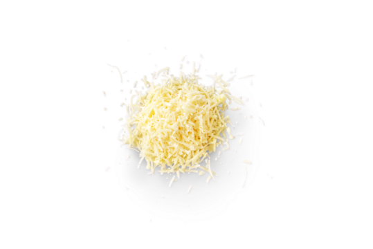 Closeup of grated parmesan cheese isolated on a transparent background with shadow from above, top vie, png