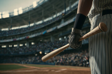 A baseball player holding a bat in a stadium. The stadium is packed with people, and the player is wearing a glove