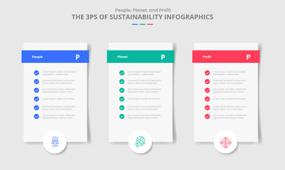 3P sustainability concept for infographic with drop shadow style with vertical box with checklist and circle badge bottom with 3 point list information