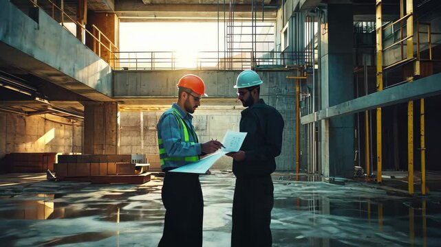 Technical engineers collaborate on architectural plans in a construction site during golden hour, two technical engineers discussing the architecture of the building