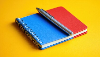 Vibrant Notebook and Pen on Yellow Background: A Study in Minimalist Office Supplies