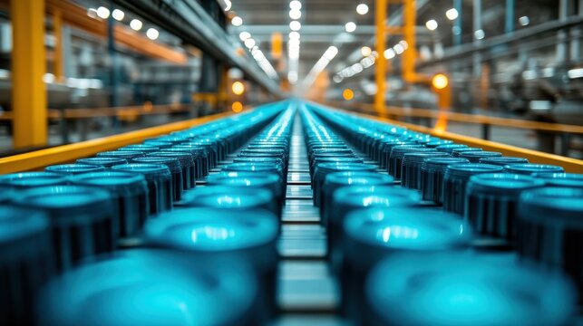 Blue caps on a factory conveyor