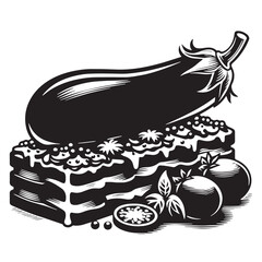 Black Eggplant Parmesan Silhouette Vector, High Quality Illustration on White Background