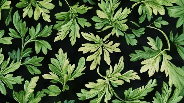 Beautiful arrangement of Greek parsley leaves on a dark background creating a vibrant herbal pattern, Greek parsley herbal background pattern Top view, table spin