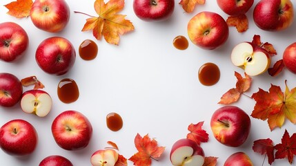 Red apples and autumn leaves arranged in a circle on a white background with caramel drizzled around
