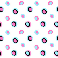 Seamless pattern of playful round dots in blue, pink, and black. Fun abstract design for kids, fabrics, stationery, or digital use.