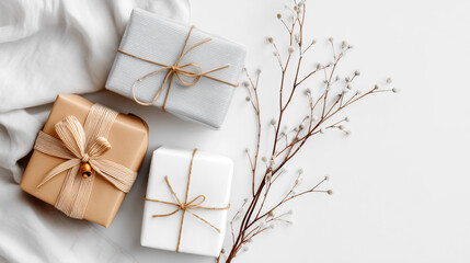 Elegant gift boxes wrapped in gold, white and silver paper with twine and ribbon, styled with natural cotton branches on soft fabric. Minimalist festive flat lay for winter or celebration themes.