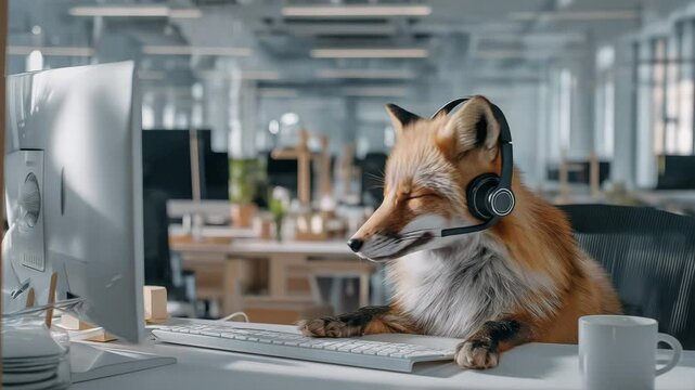 Fuchs mit Headset am Schreibtisch im Callcenter. K&uuml;nstliche Intelligenz KI