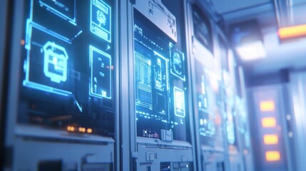 Futuristic Server Room, Data Processing and Information Technology Infrastructure